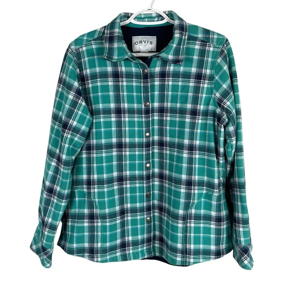 Orvis Jackets & Blazers - Orvis Fleece‎ Lined Shacket Shirt Jacket Womens L Green Blue Plaid Snaps Pockets